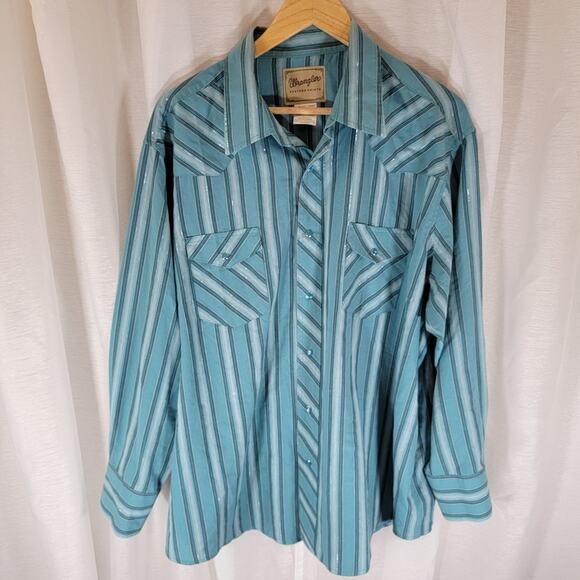Wrangler Western Shirt Mens 2XL Blue Stripe Long Sleeve Pearl Snap Cowboy - Picture 1 of 11